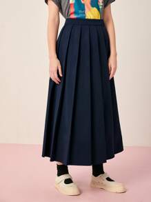 Seusyu Solid High Waist Pleated Skirt - Navy Blue - View 3