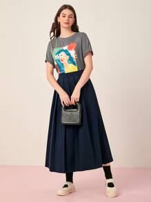 Seusyu Solid High Waist Pleated Skirt - Navy Blue - View 4