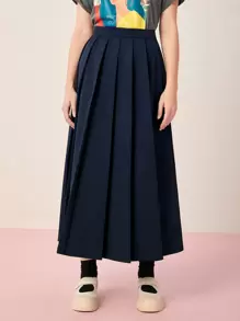 Seusyu Solid High Waist Pleated Skirt - Navy Blue - View 5