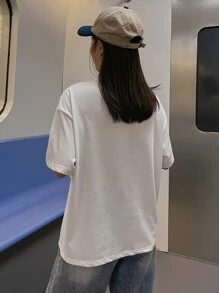 DAZY Slogan & Floral Print Drop Shoulder Tee - White - View 2