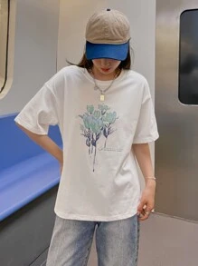DAZY Slogan & Floral Print Drop Shoulder Tee - White - View 4