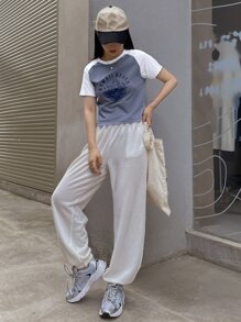 DAZY Letter & Wave Graphic Raglan Sleeve Tee - Blue and White - View 3