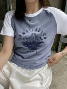 DAZY Letter & Wave Graphic Raglan Sleeve Tee - Blue and White - View 5