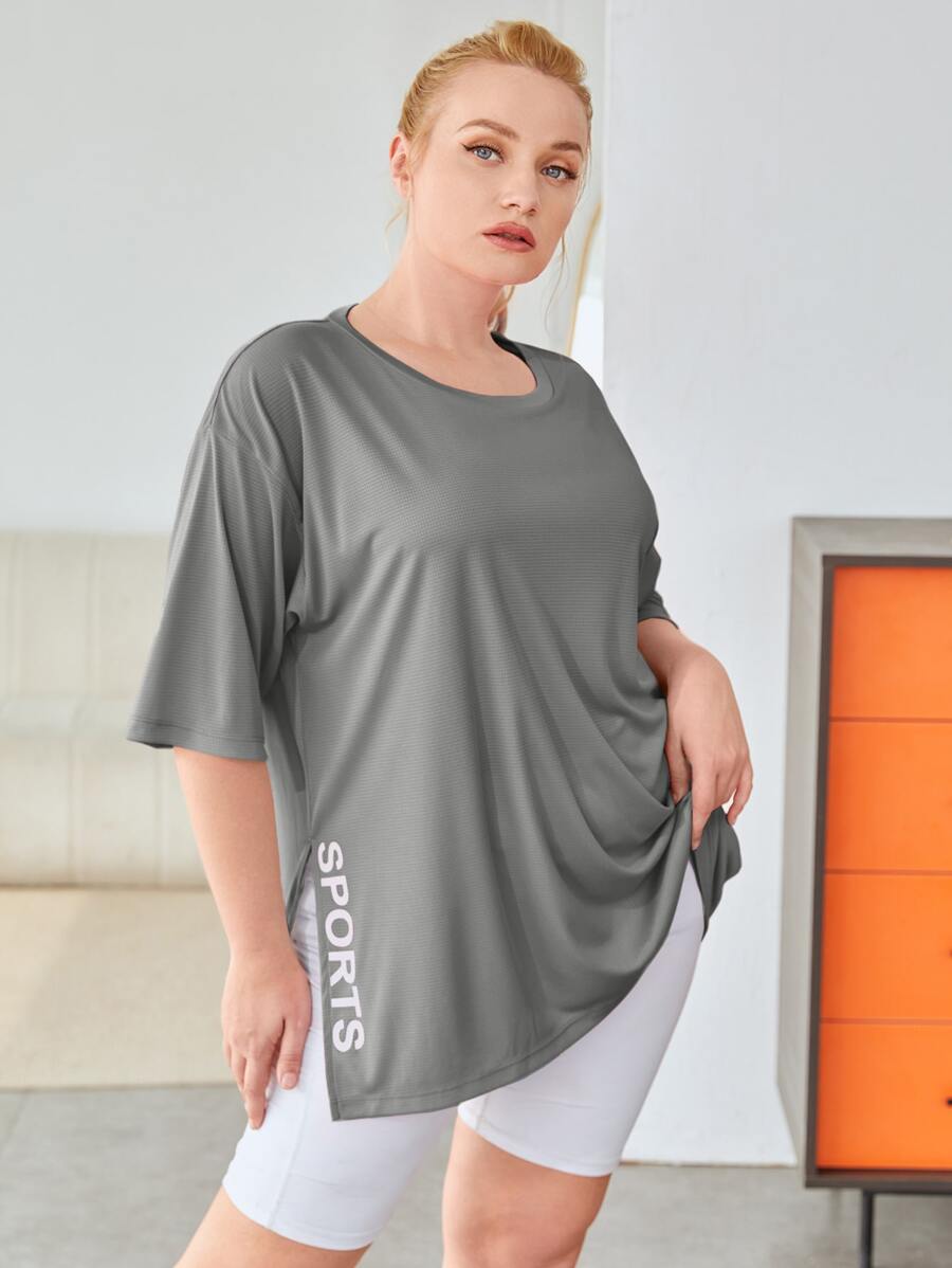 Gameset SHEIN Sport Plus Softness Letter Graphic Split Hem Sports Tee - Grey - View 1