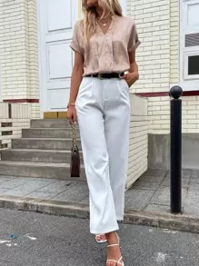 SHEIN Clasi Áo sơ mi nữ màu trơn Giải trí - Màu Khaki - Xem 3