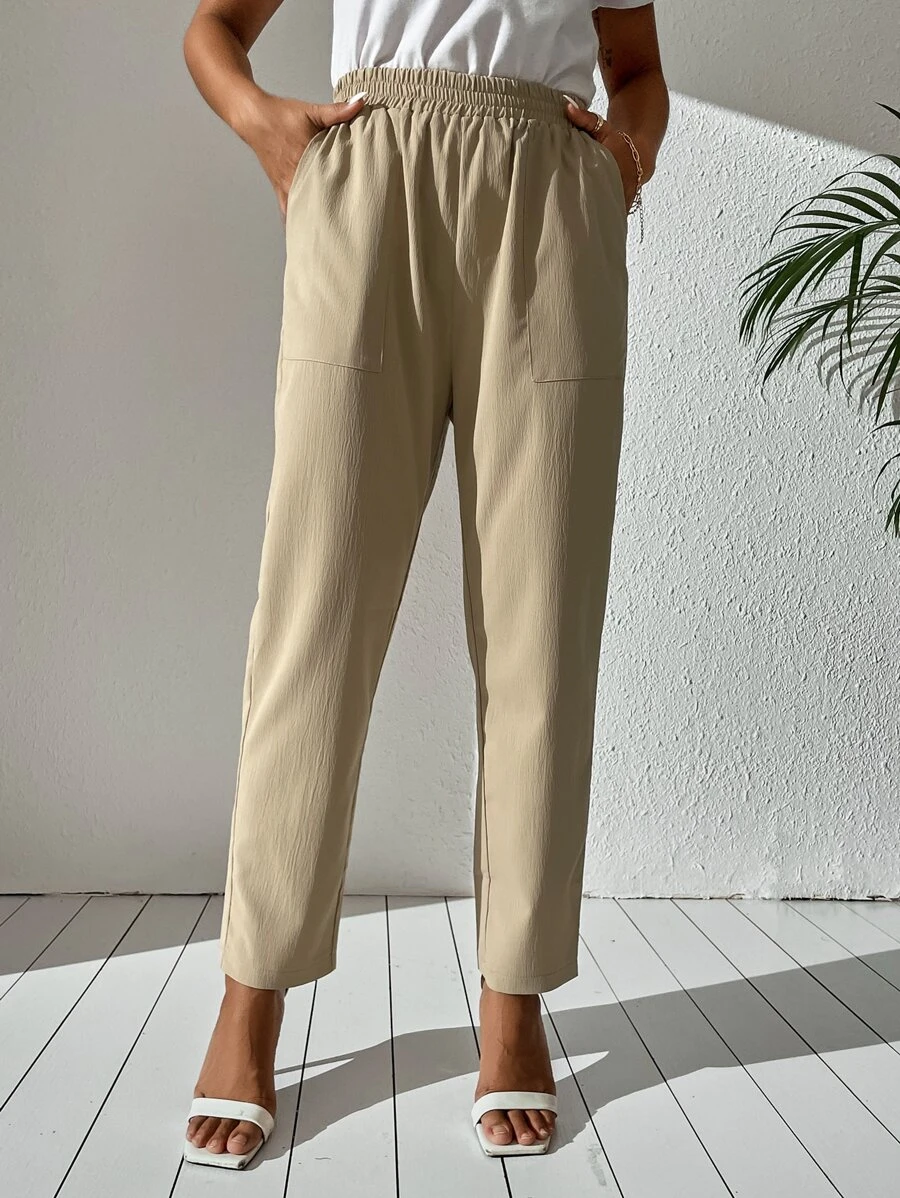 SHEIN LUNE 彈性腰帶斜插口袋九分長褲 - 卡其色 - 查看 1