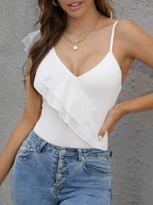 SHEIN Privé Asymmetrical Neck Ruffle Trim Bodysuit - White - View 1