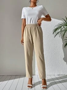 SHEIN LUNE 彈性腰帶斜插口袋九分長褲 - 卡其色 - 查看 4