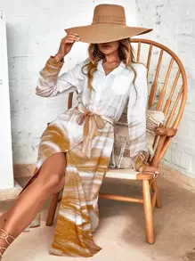 SHEIN LUNE Colourblock Split Hem Belted Shirt Dress - Multicolor - View 1