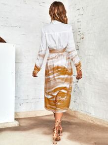 SHEIN LUNE Colourblock Split Hem Belted Shirt Dress - Multicolor - View 2