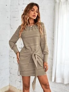 Striped Knot Front Dress - Khaki - View 3