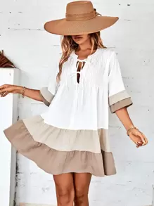 GENKIRA Đầm phân lớp Thắt nơ trước Khối Màu Dễ thương - Nhiều màu - Xem 1