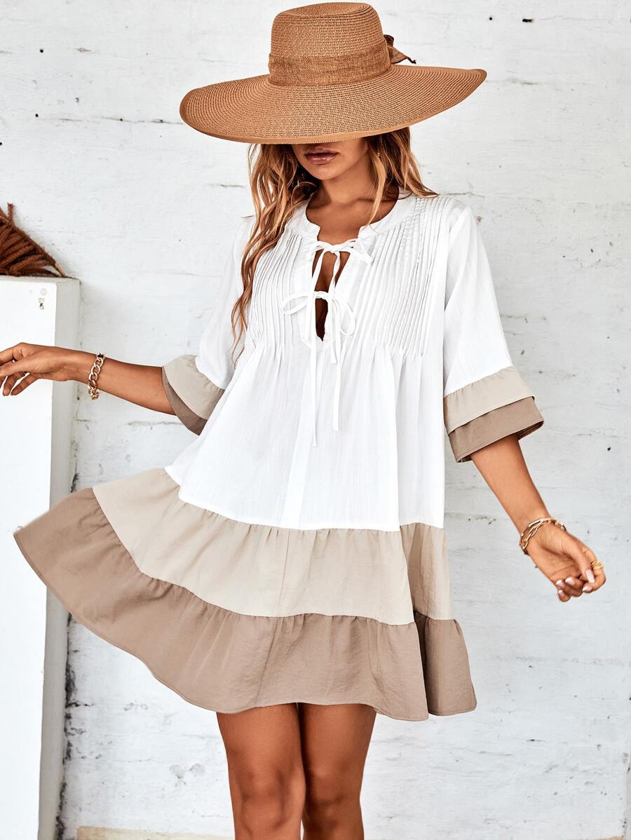 GENKIRA Đầm phân lớp Thắt nơ trước Khối Màu Dễ thương - Nhiều màu - Xem 1