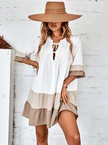 GENKIRA Đầm phân lớp Thắt nơ trước Khối Màu Dễ thương - Nhiều màu - Xem 4