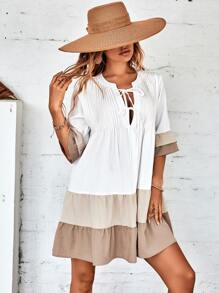 GENKIRA Đầm phân lớp Thắt nơ trước Khối Màu Dễ thương - Nhiều màu - Xem 5