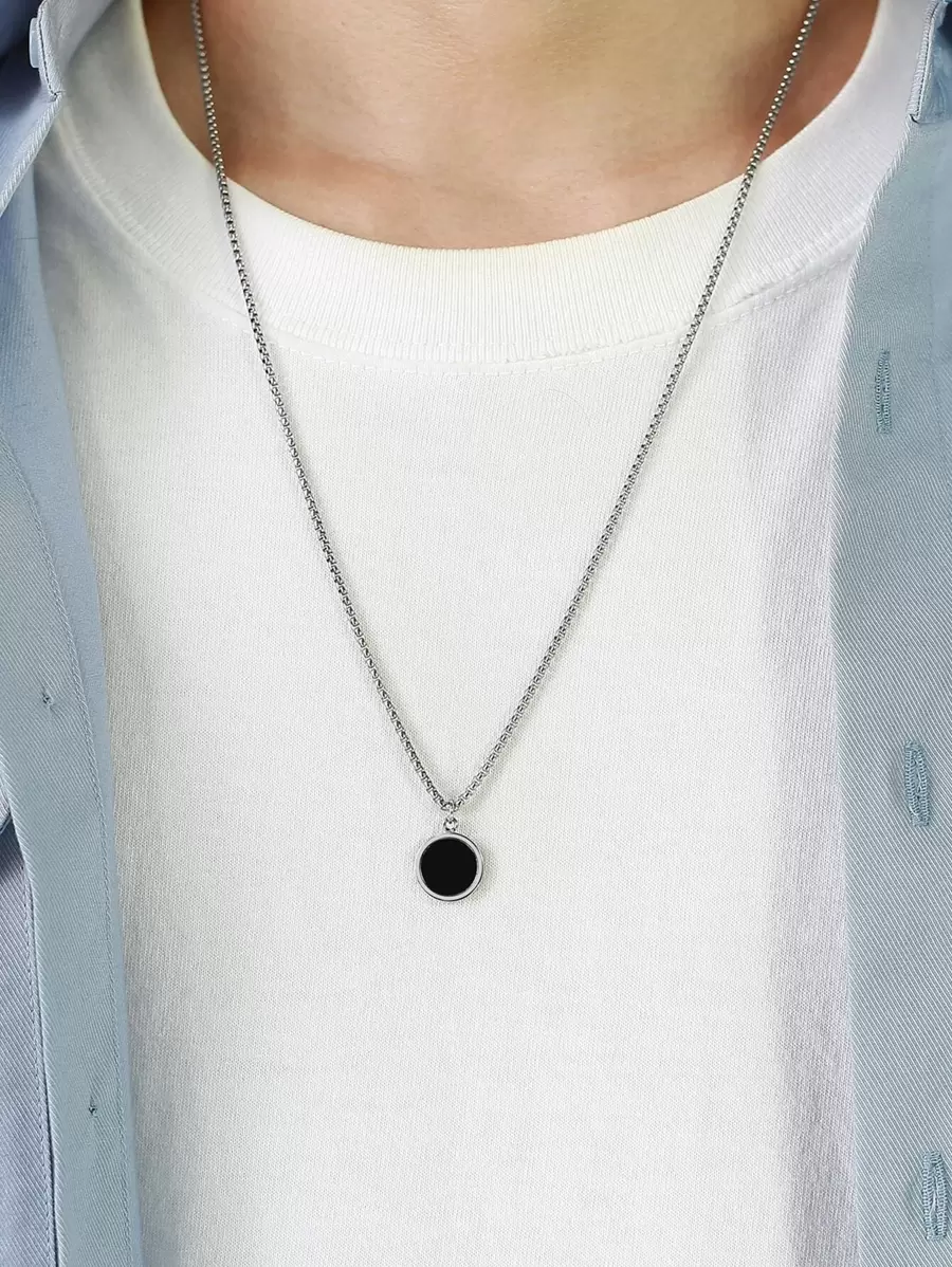 時尚流行男士圓形吊墜項鍊不銹鋼珠寶禮物和時尚外觀 - 銀色 - 查看 1