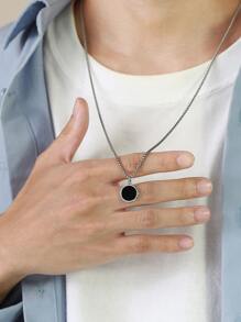 時尚流行男士圓形吊墜項鍊不銹鋼珠寶禮物和時尚外觀 - 銀色 - 查看 3