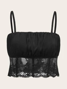 網紗拼接胸部褶皺吊帶上衣 - 黑色 - 查看 1