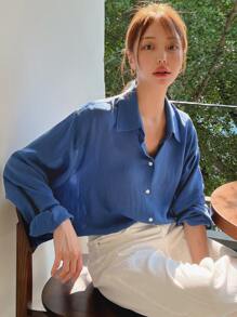 DAZY Solid Button Front Drop Shoulder Shirt - Blue - View 1