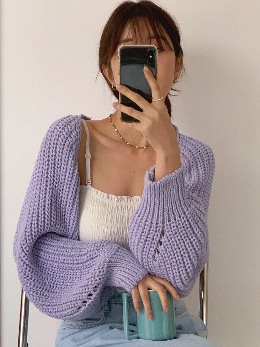 DAZY Eyelet Detail Raglan Sleeve Shrug Cardigan,Fall Women Clothes - Purple - View 1
