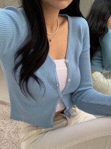 DAZY Button Up Ribbed Knit Cardigan - Blue - View 3