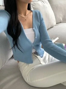 DAZY Button Up Ribbed Knit Cardigan - Blue - View 4