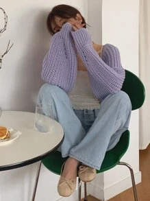 DAZY Eyelet Detail Raglan Sleeve Shrug Cardigan,Fall Women Clothes - Purple - View 4