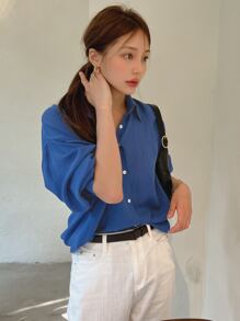 DAZY Solid Button Front Drop Shoulder Shirt - Blue - View 7