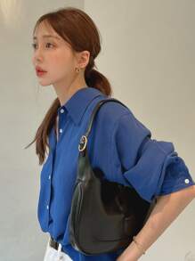 DAZY Solid Button Front Drop Shoulder Shirt - Blue - View 5