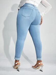 SHEIN SXY 大碼高腰卷邊緊身牛仔褲 - 淺色水洗藍 - 查看 2