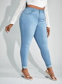 SHEIN SXY 大碼高腰卷邊緊身牛仔褲 - 淺色水洗藍 - 查看 5