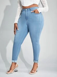 SHEIN SXY 大碼高腰卷邊緊身牛仔褲 - 淺色水洗藍 - 查看 4