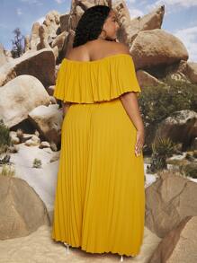 SHEIN CURVE+ Plus Off Shoulder Pleated Dress - Mustard Yellow - View 3