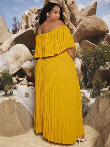 SHEIN CURVE+ Plus Off Shoulder Pleated Dress - Mustard Yellow - View 4