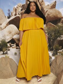 SHEIN CURVE+ Plus Off Shoulder Pleated Dress - Mustard Yellow - View 5