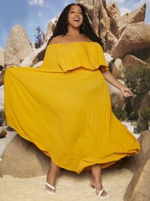 SHEIN CURVE+ Plus Off Shoulder Pleated Dress - Mustard Yellow - View 6