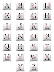 1pc Floral & Letter Graphic Cushion Cover, Decorative Throw Pillow Case, Pillow Insert Not Include, For Sofa, Home Decor - Multicolor - View 1