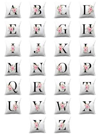 1pc Floral & Letter Graphic Cushion Cover, Decorative Throw Pillow Case, Pillow Insert Not Include, For Sofa, Home Decor