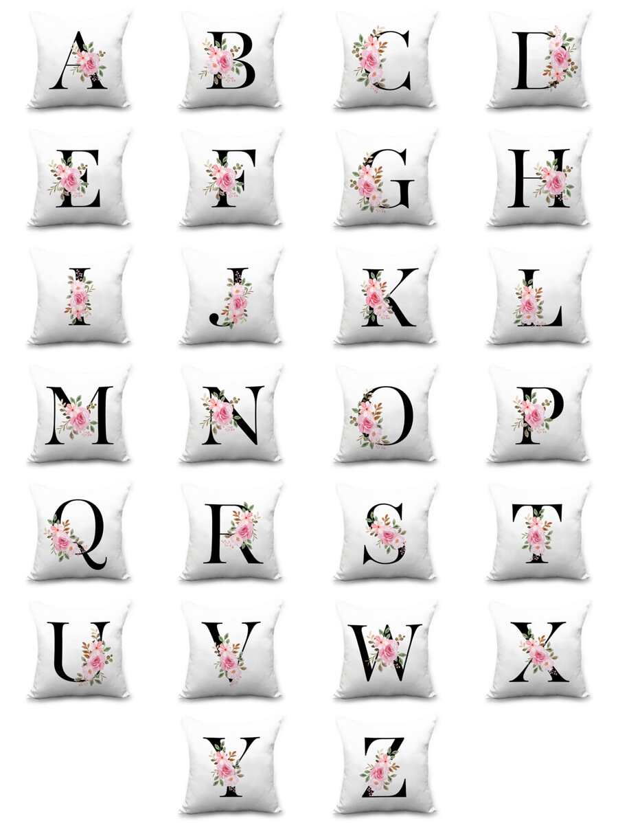 1pc Floral & Letter Graphic Cushion Cover, Decorative Throw Pillow Case, Pillow Insert Not Include, For Sofa, Home Decor - Multicolor - View 1