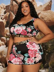 SHEIN CURVE+ 加大字母和花卉印花背心和短裤，夏季 - 彩色 - 查看 1