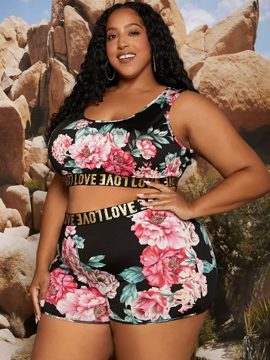 SHEIN CURVE+ 加大字母和花卉印花背心和短裤，夏季 - 彩色 - 查看 1