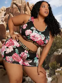 SHEIN CURVE+ 加大字母和花卉印花背心和短裤，夏季 - 彩色 - 查看 4