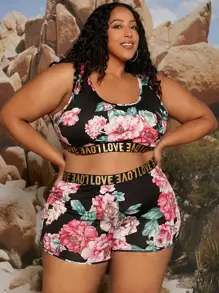 SHEIN CURVE+ 加大字母和花卉印花背心和短裤，夏季 - 彩色 - 查看 5