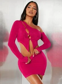 SHEIN Asymmetrical Neck Crop Top & Bodycon Skirt - Hot Pink - View 1