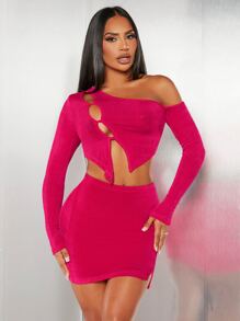 SHEIN Asymmetrical Neck Crop Top & Bodycon Skirt - Hot Pink - View 3