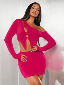 SHEIN Asymmetrical Neck Crop Top & Bodycon Skirt - Hot Pink - View 5
