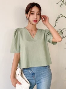 DAZY Solid Puff Sleeve Blouse - Green - View 7