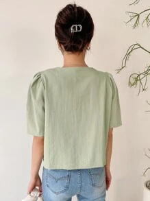 DAZY Solid Puff Sleeve Blouse - Green - View 2