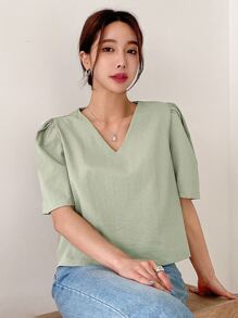 DAZY Solid Puff Sleeve Blouse - Green - View 4