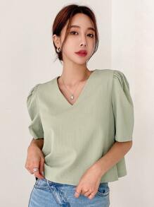 DAZY Solid Puff Sleeve Blouse - Green - View 1